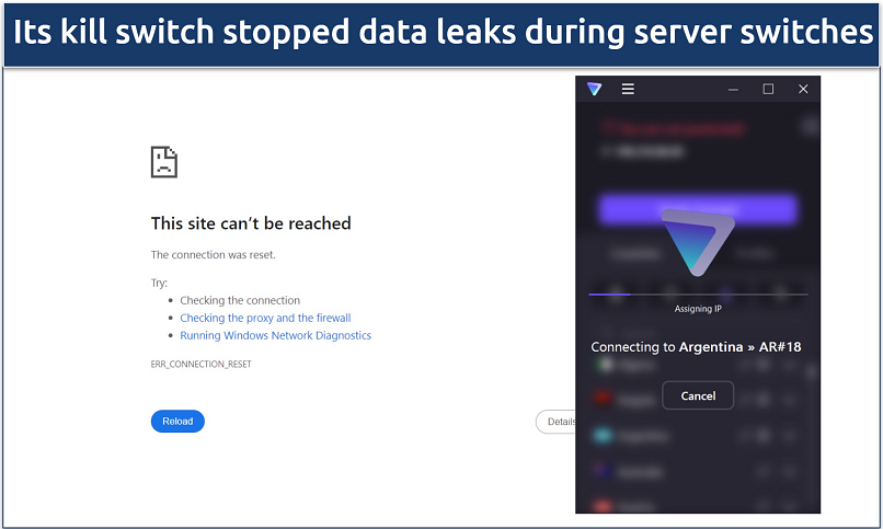 A screenshot showing Proton VPN's kill switch cuts the internet connection when switching servers