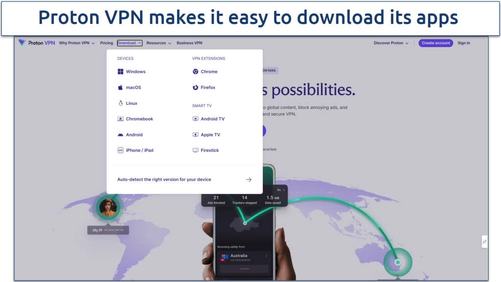 A screenshot showing Proton VPN's download page along with the device supported by the VPN