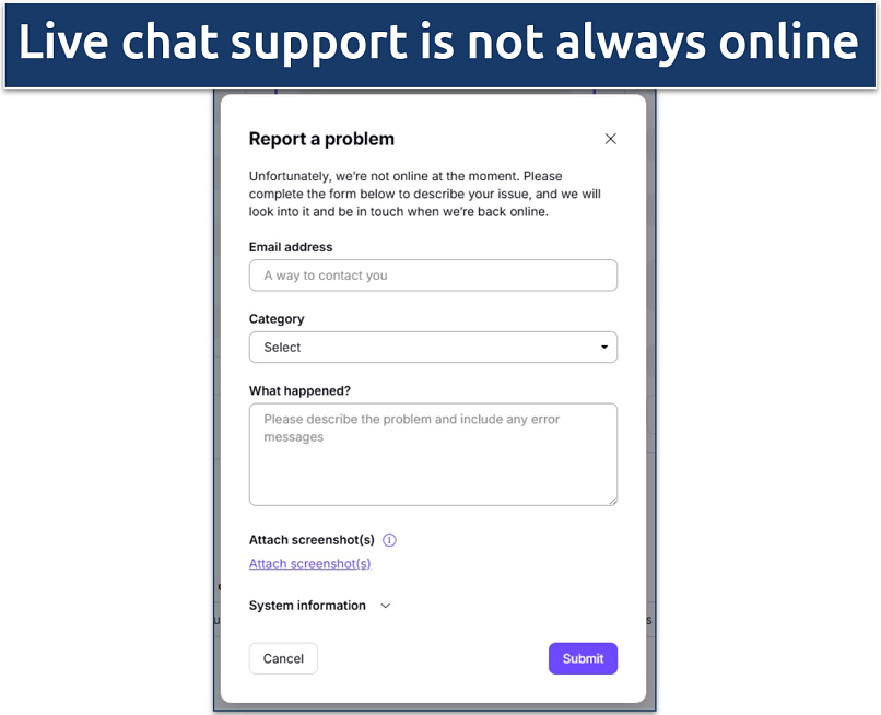 A screenshot showing Proton VPN's chat window, which shows that support is not online at the moment