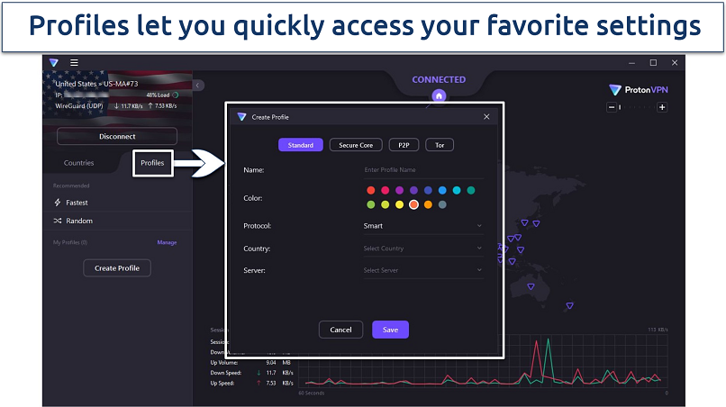 A screenshot of the window that pops up when you click profiles on Proton VPN's home screen