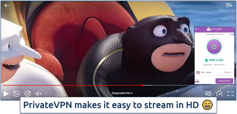 Screenshot of streaming Despicable Me 3 with Private VPN connected