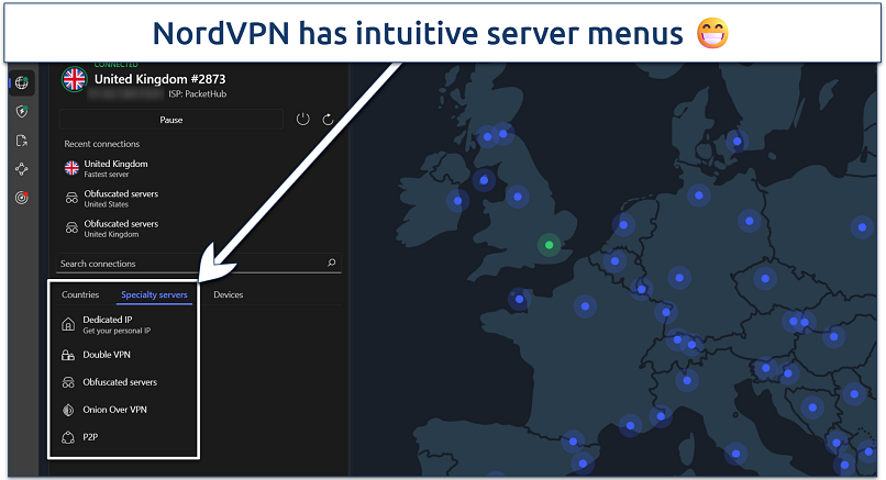 Screenshot of NordVPN's Windows app highlighting the specialty servers