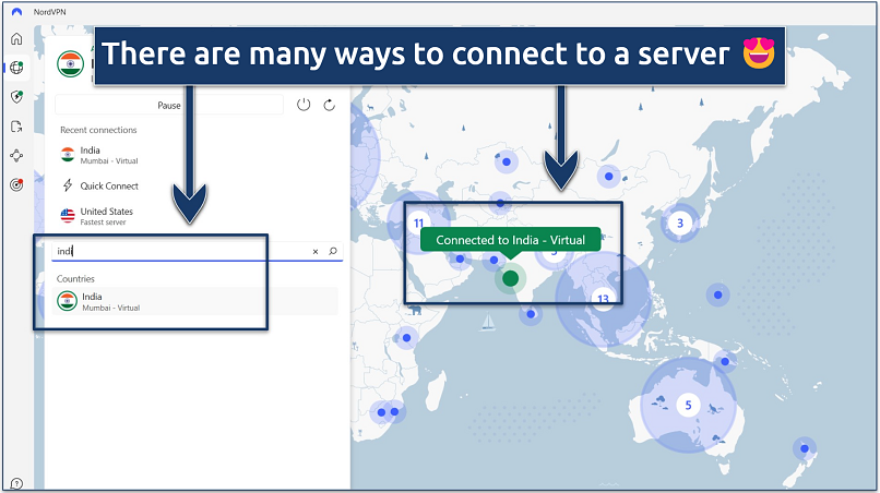 Screenshot of the NordVPN Windows app with its interactive server map and connect box with an active connection to the India server 