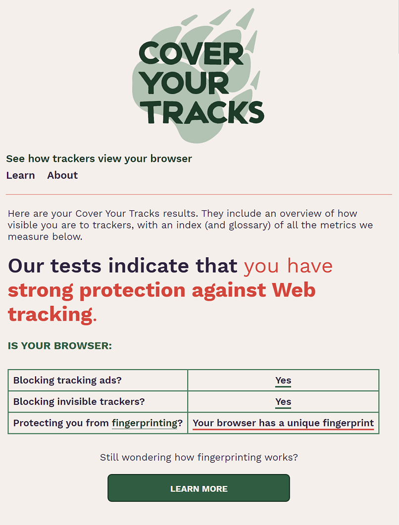 A screenshot of a browser test from Cover Your Tracks