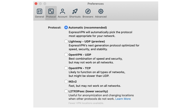 Screenshot showing protocol selection in a VPN app settings on mac OS