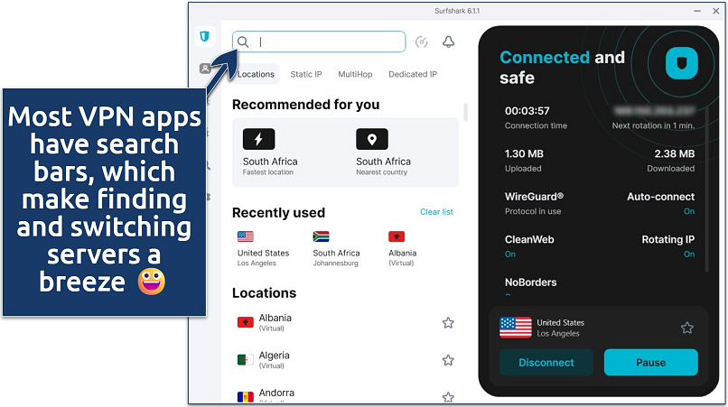 Screenshot of Surfshark’s Windows app interface with its server selection menu and connection status panel