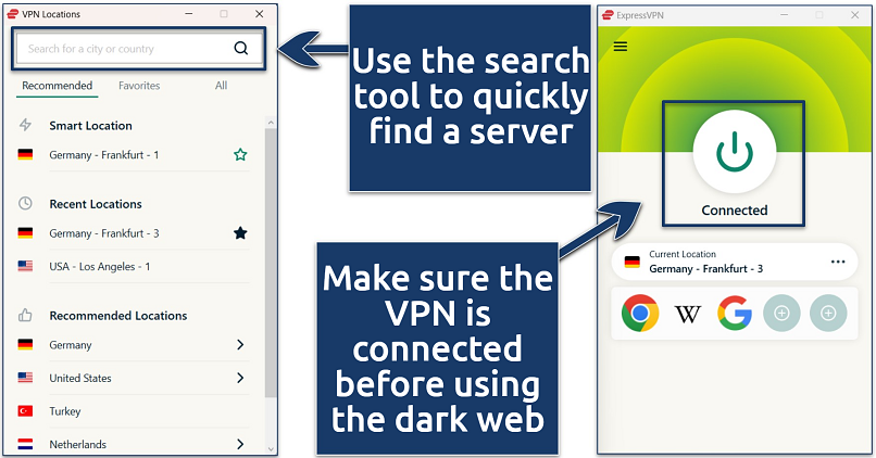 Screenshots of the VPN Windows app with an active connection to the Germany - Frankfurt - 3 server