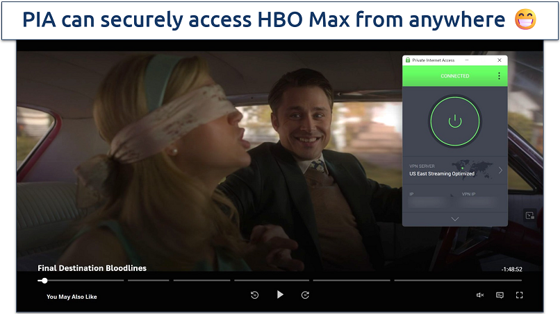 Screenshot of HBO Max player streaming Final Destination Bloodlines while connected to PIA's US East Streaming Optimized server 