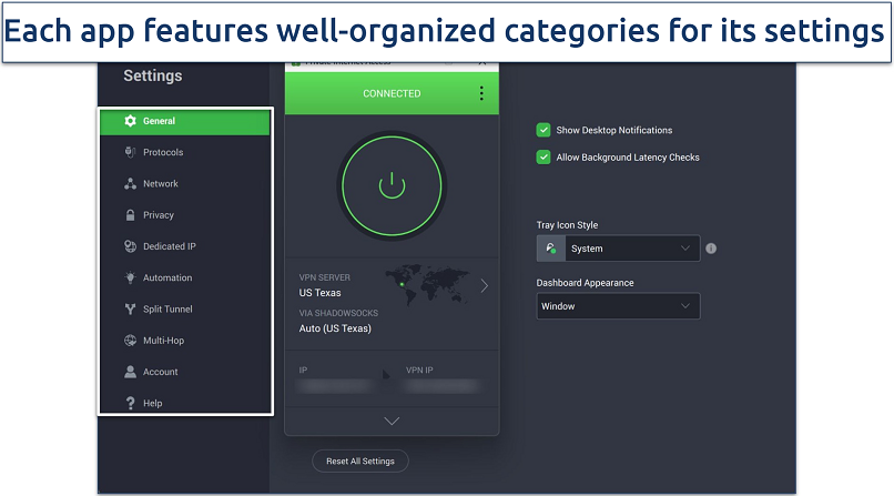Screenshot of PIA's Windows app connected to the US Texas server while also featuring the General tab of the settings