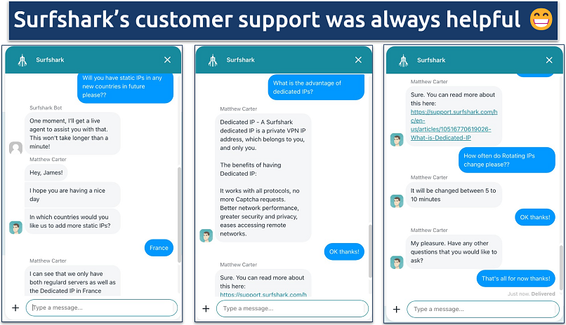 Screenshots of Surfshark's live chat customer support convo