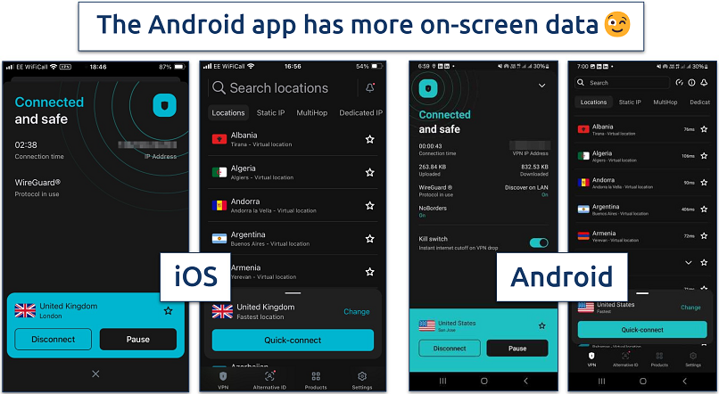 Screenshots of the iOS and Android Surfshark apps