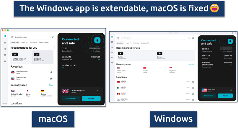 Screenshots of the macOS and Windows Surfshark apps